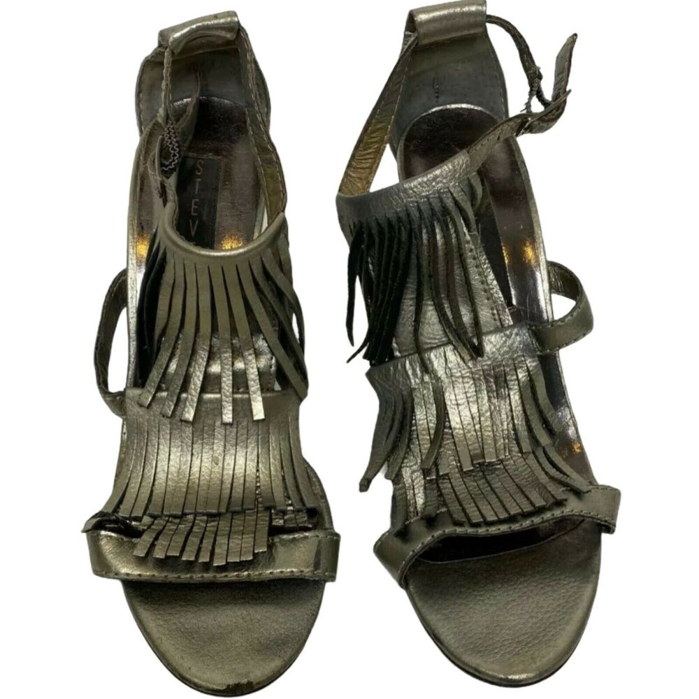 Steve Madden Bijou Heels‎ Women's Size 7 Metallic Gray Fringe Open Toe